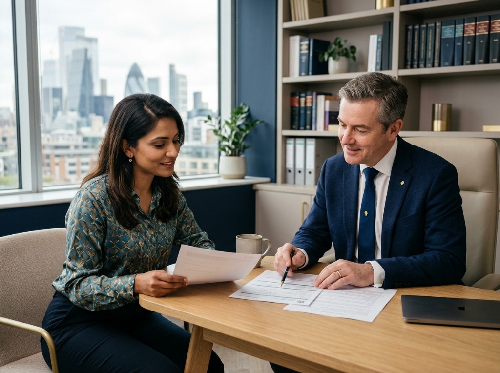Aden & Co Solicitors consultation — advisors reviewing documents together in a modern office